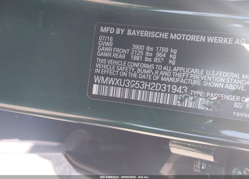 2017 MINI HARDTOP VIN: WMWXU3C53H2D31943