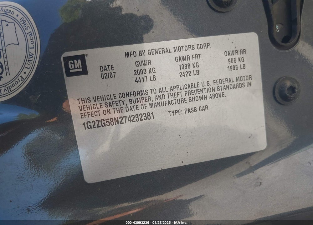 2007 PONTIAC G6 VIN: 1G2ZG58N274232381