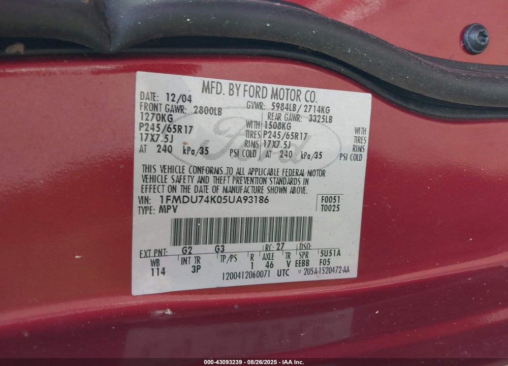 2005 FORD EXPLORER EDDIE BAUER VIN: 1FMDU74K05UA93186