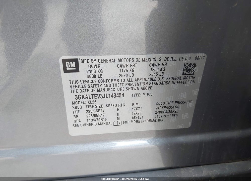 2018 GMC TERRAIN SLE VIN: 3GKALTEV3JL143454