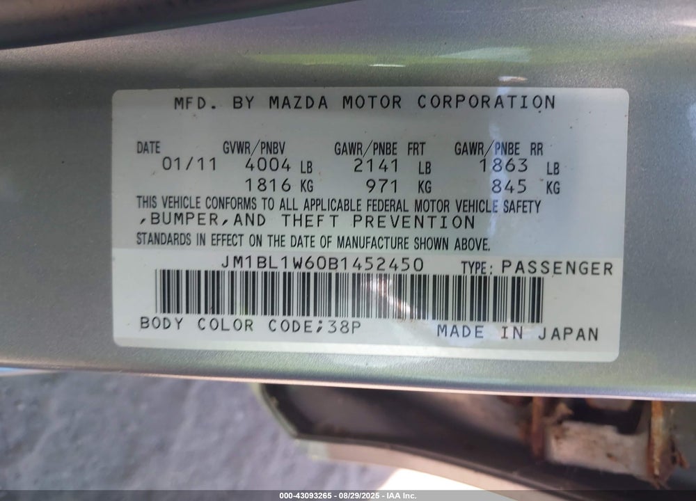 2011 MAZDA 3 VIN: JM1BL1W60B1452450