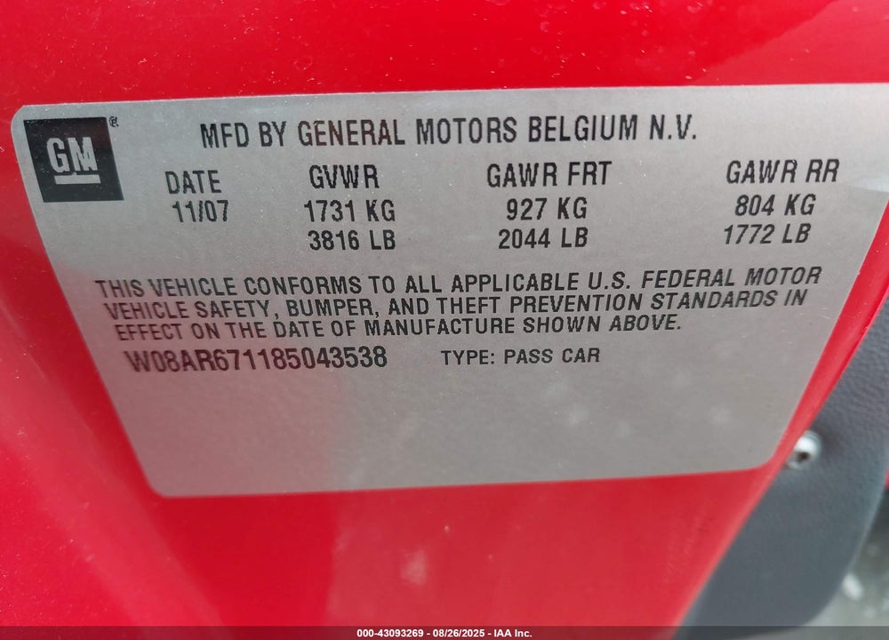 2008 SATURN ASTRA XE VIN: W08AR671185043538