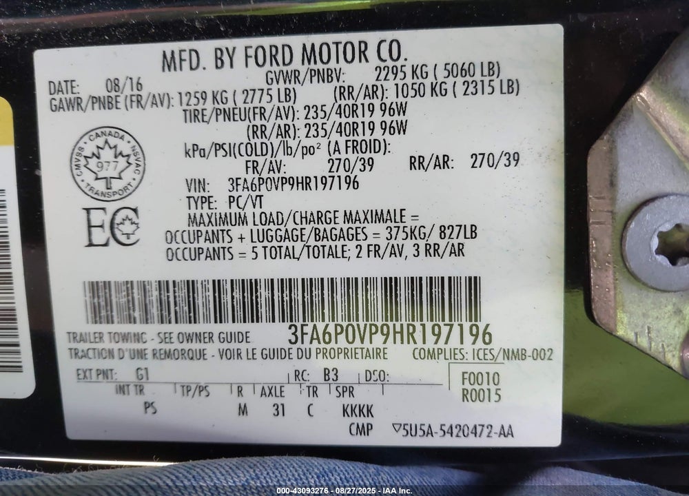 2017 FORD FUSION V6 SPORT VIN: 3FA6P0VP9HR197196