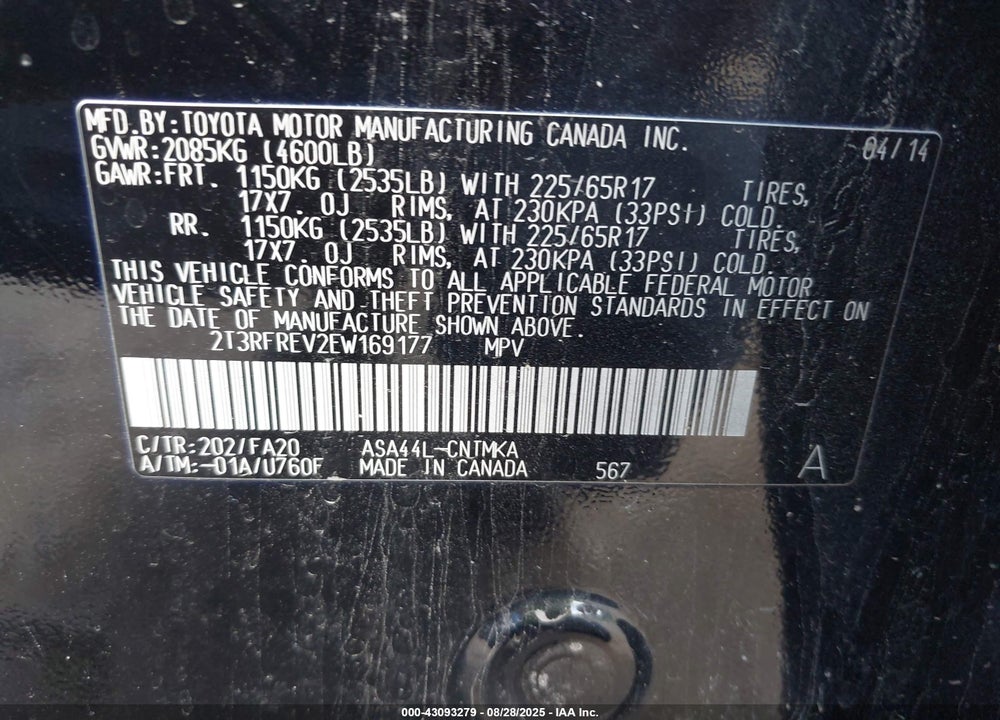2014 TOYOTA RAV4 VIN: 2T3RFREV2EW169177