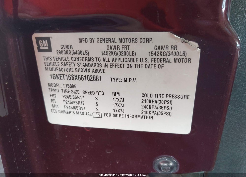 2006 GMC ENVOY VIN: 1GKET16SX66102881
