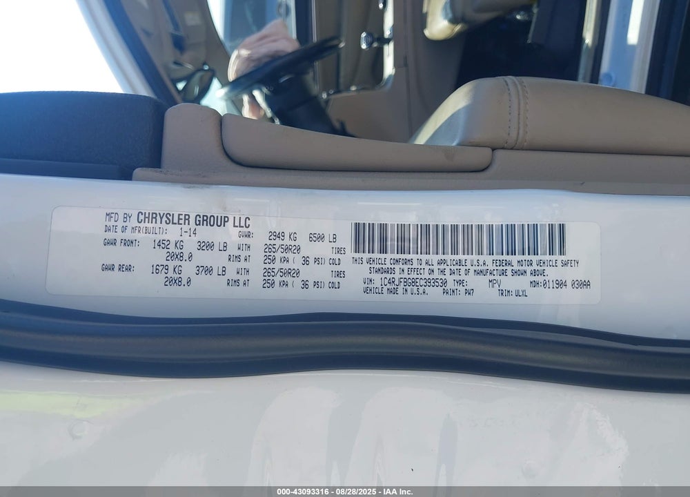 2014 JEEP GRAND CHEROKEE VIN: 1C4RJFBG8EC393530