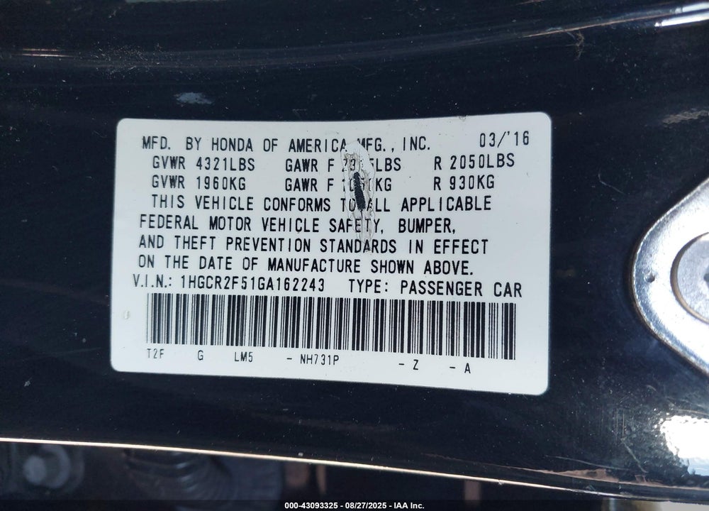 2016 HONDA ACCORD VIN: 1HGCR2F51GA162243