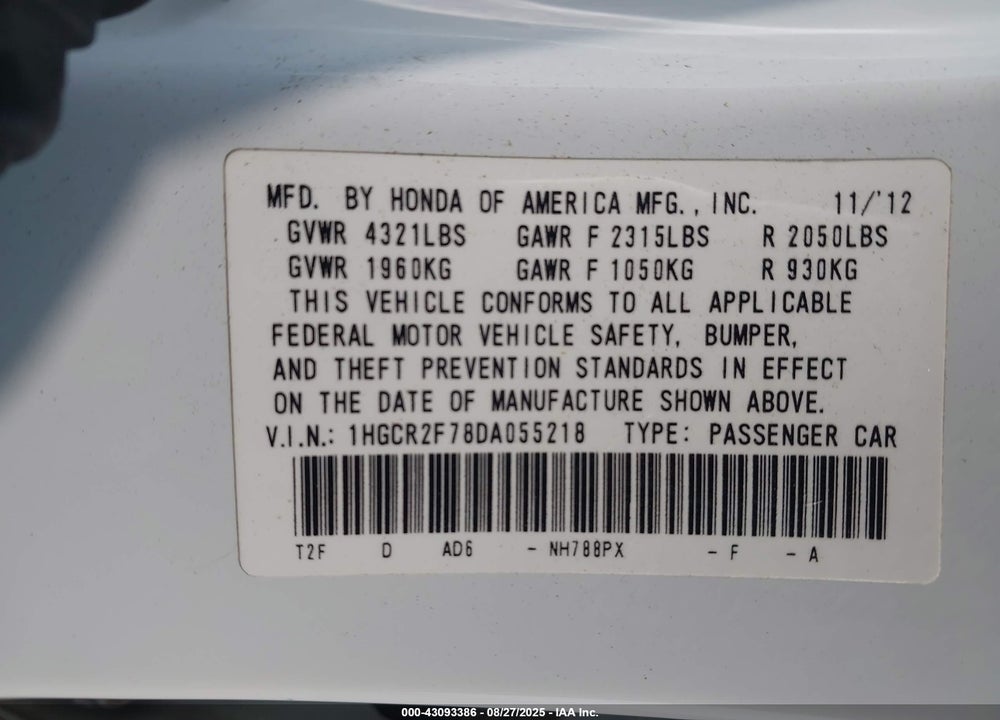 2013 HONDA ACCORD VIN: 1HGCR2F78DA055218