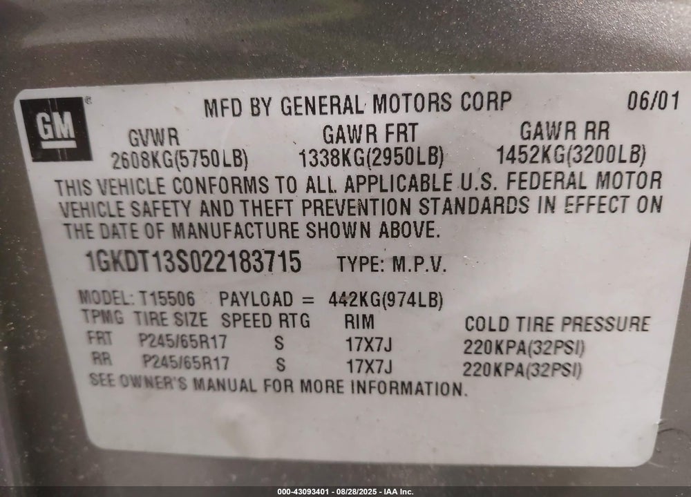 2002 GMC ENVOY SLT VIN: 1GKDT13S022183715