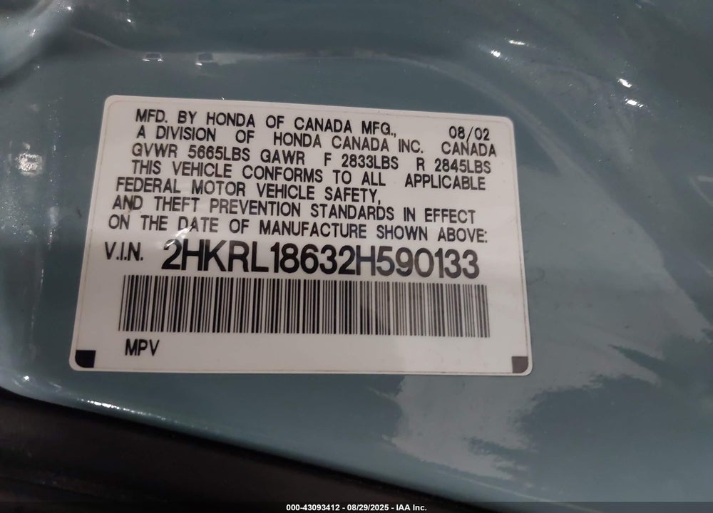 2002 HONDA ODYSSEY EX VIN: 2HKRL18632H590133