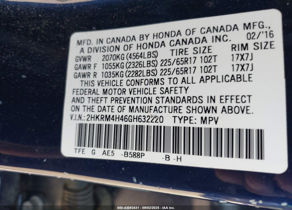 2016 HONDA CR-V VIN: 2HKRM4H46GH632220