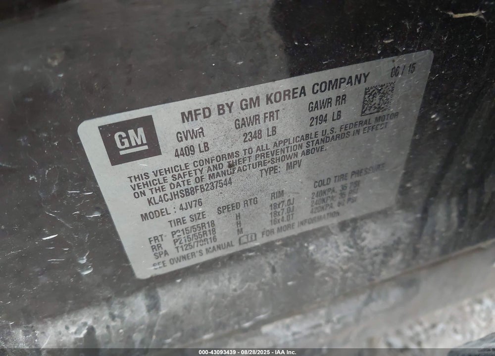 2015 BUICK ENCORE VIN: KL4CJHSB8FB237544