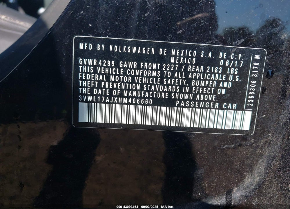2017 VOLKSWAGEN JETTA VIN: 3VWL17AJXHM406660