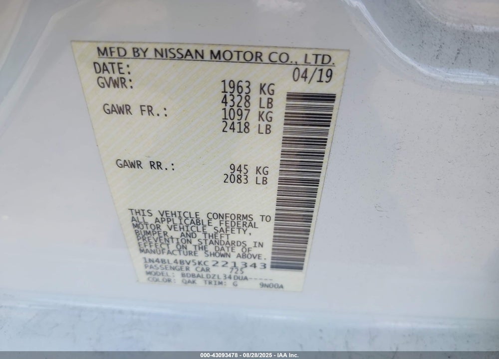 2019 NISSAN ALTIMA VIN: 1N4BL4BV5KC221343