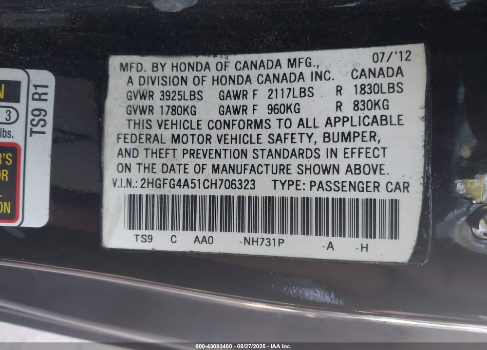2012 HONDA CIVIC VIN: 2HGFG4A51CH706323