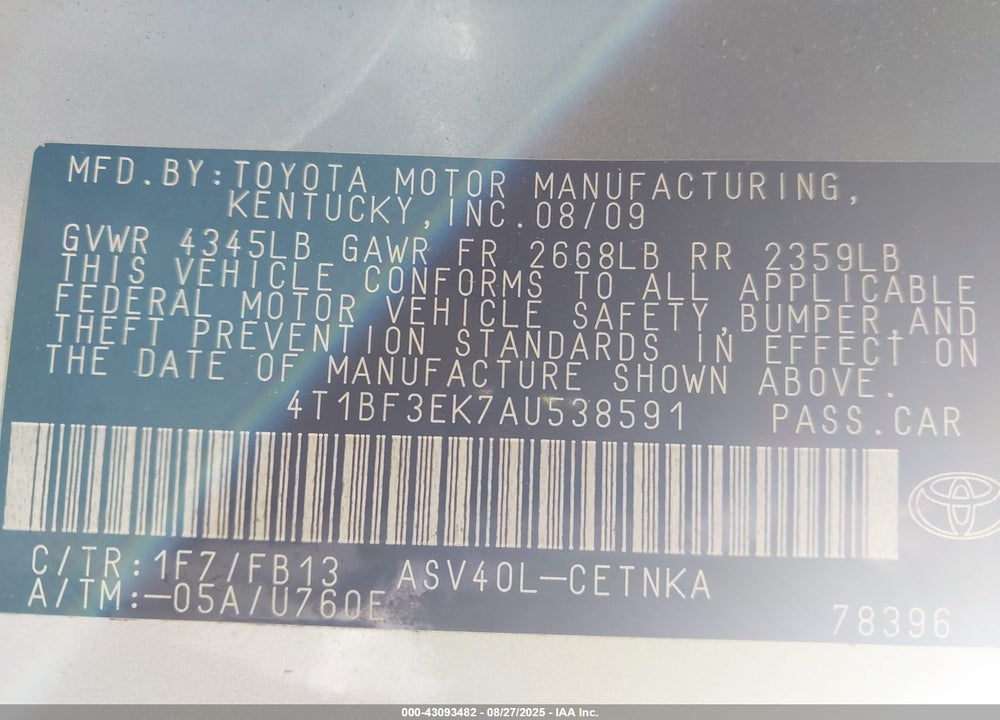 2010 TOYOTA CAMRY VIN: 4T1BF3EK7AU538591