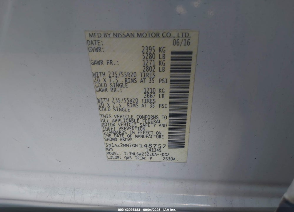 2016 NISSAN MURANO PLATINUM VIN: 5N1AZ2MH7GN148757