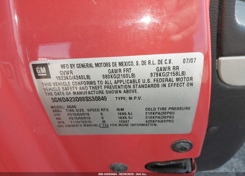 2008 CHEVROLET HHR LT VIN: 3GNDA23D88S530849