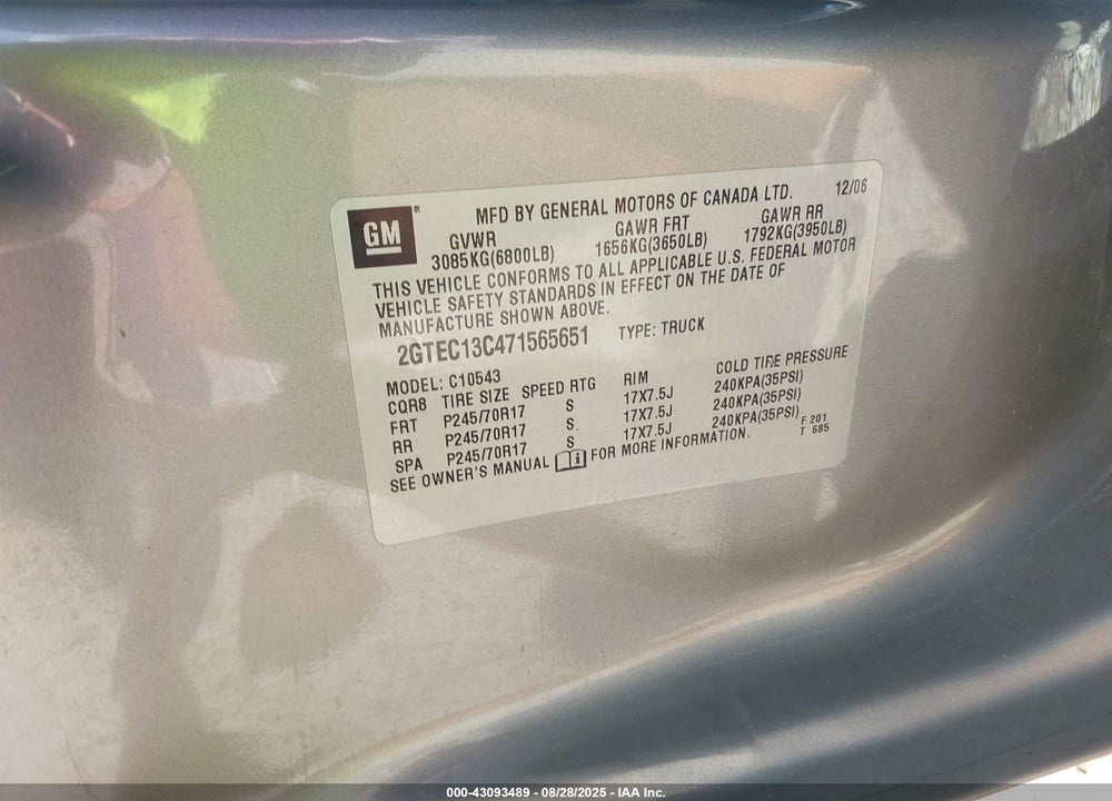 2007 GMC SIERRA 1500 SLE1 VIN: 2GTEC13C471565651