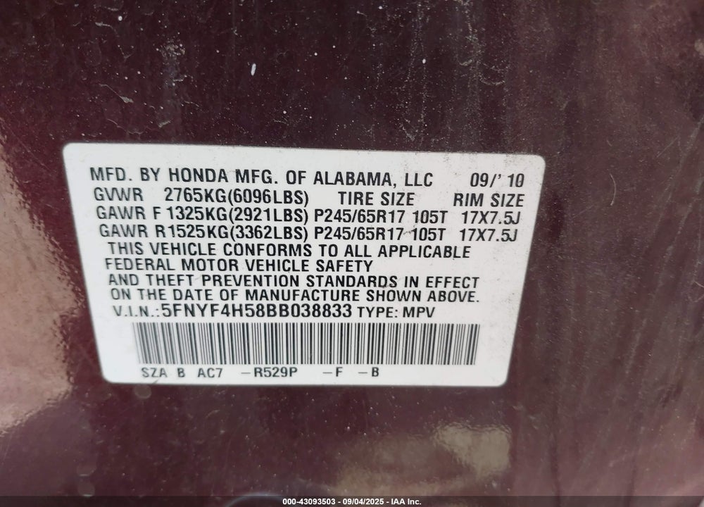 2011 HONDA PILOT VIN: 5FNYF4H58BB038833
