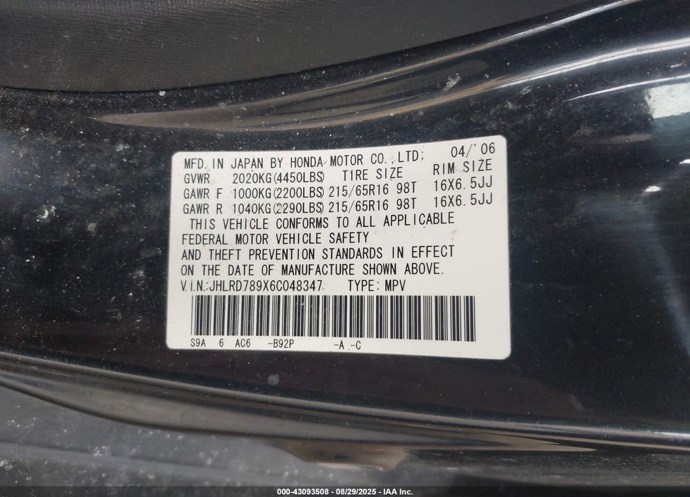 2006 HONDA CR-V SE VIN: JHLRD789X6C048347