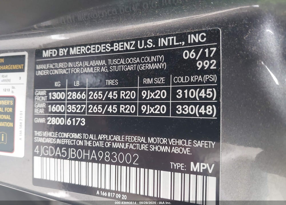 2017 MERCEDES-BENZ GLE 350 VIN: 4JGDA5JB0HA983002