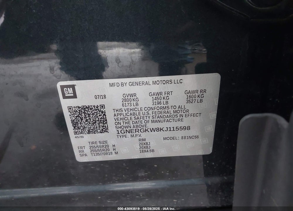 2019 CHEVROLET TRAVERSE VIN: 1GNERGKW8KJ115598