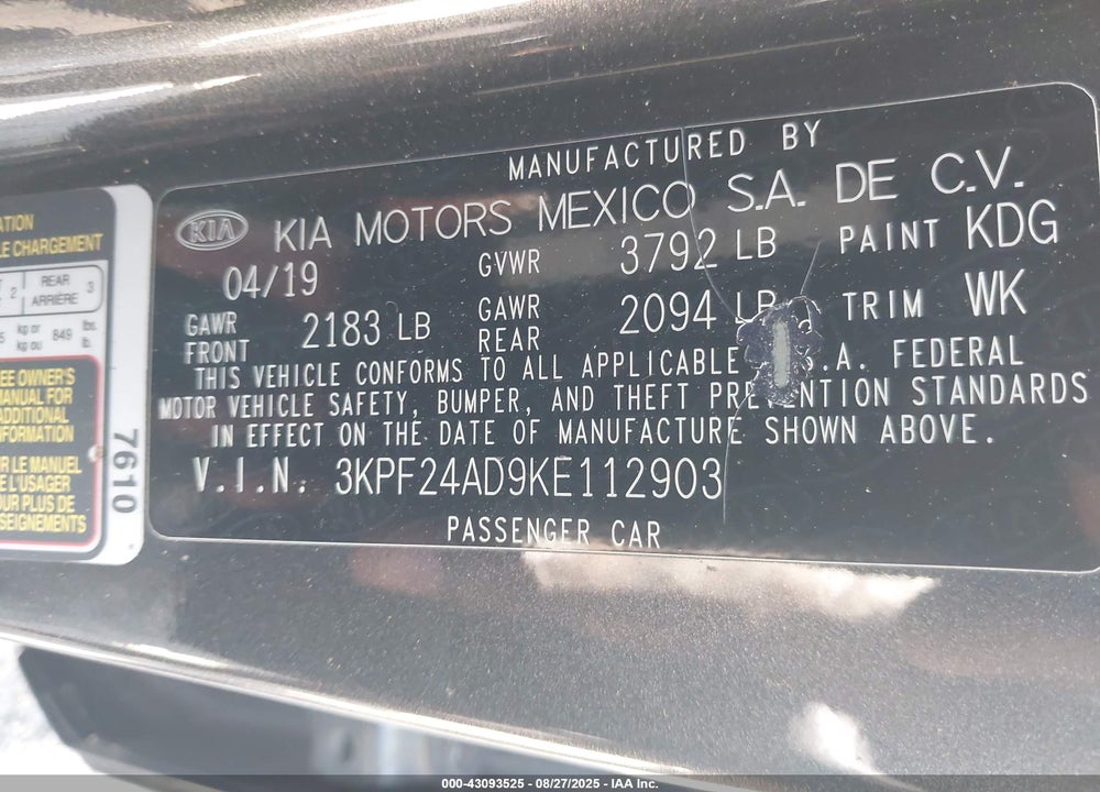 2019 KIA FORTE VIN: 3KPF24AD9KE112903