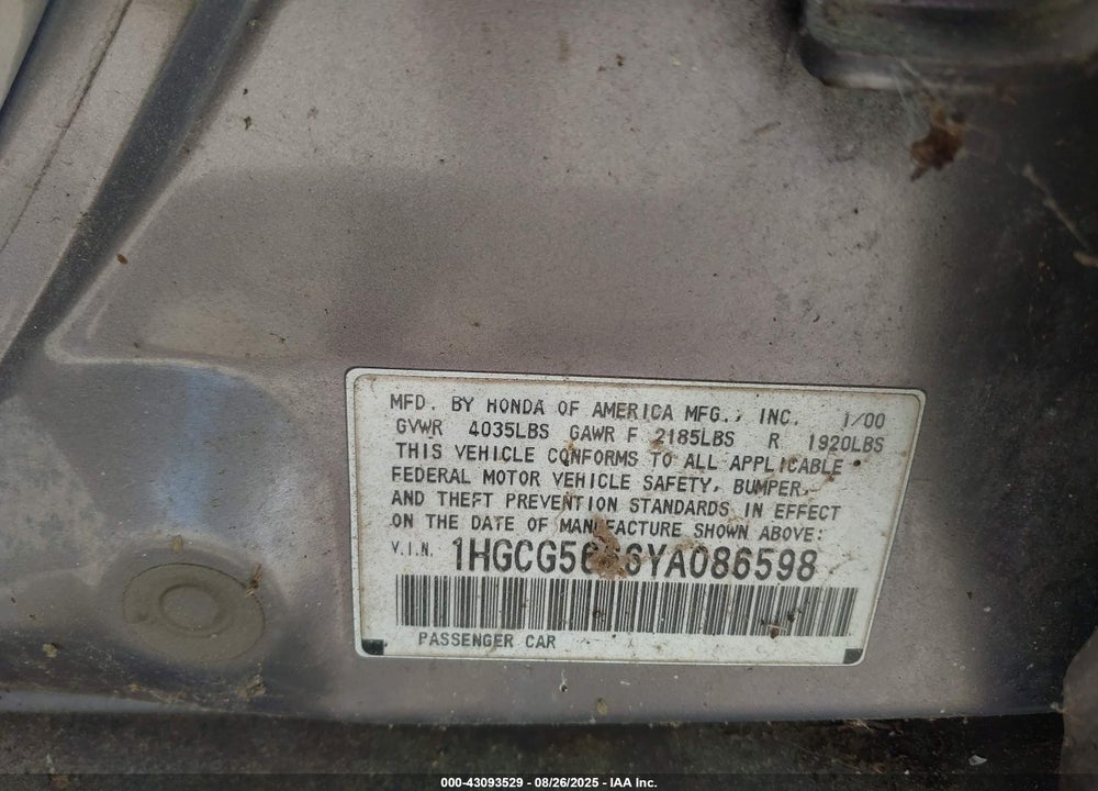2000 HONDA ACCORD 2.3 EX VIN: 1HGCG5666YA086598