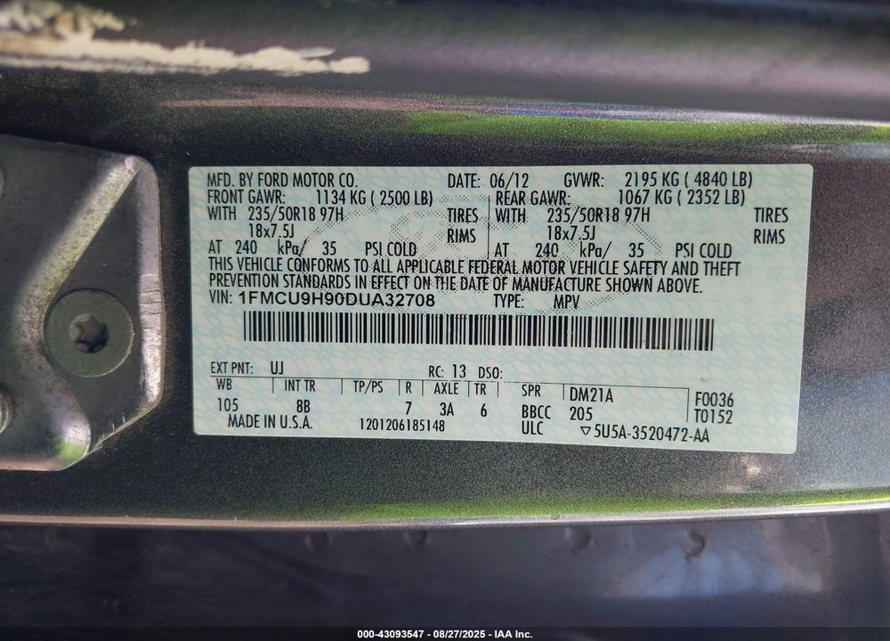 2013 FORD ESCAPE SEL VIN: 1FMCU9H90DUA32708