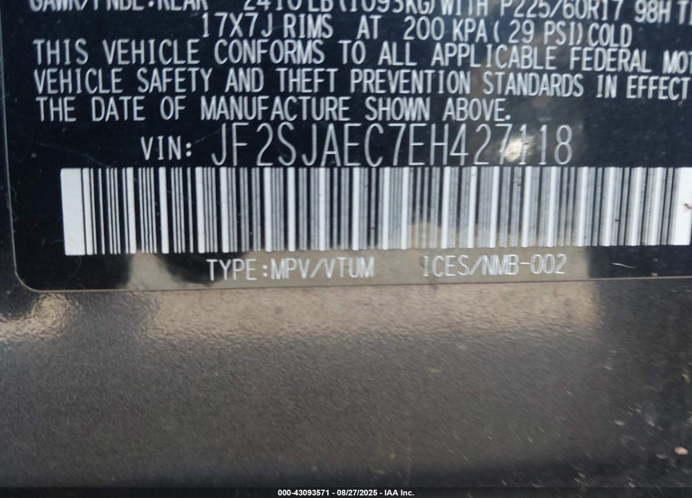 2014 SUBARU FORESTER VIN: JF2SJAEC7EH427118