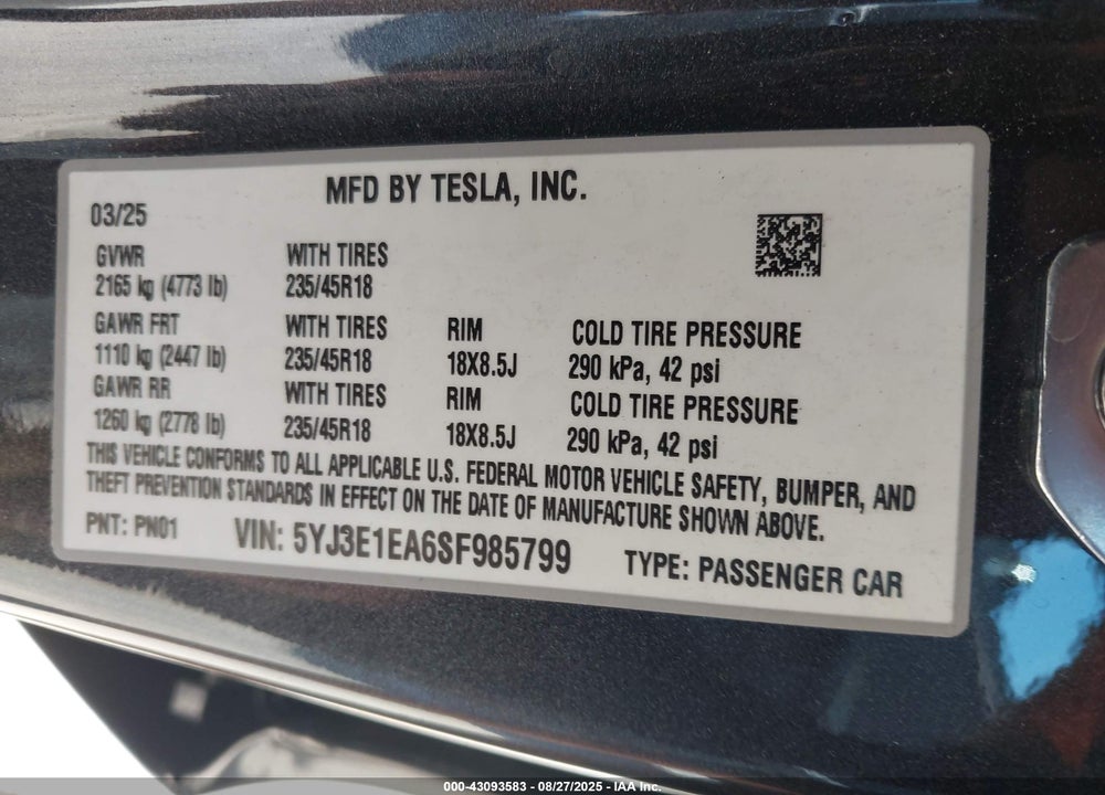 2025 TESLA MODEL 3 VIN: 5YJ3E1EA6SF985799
