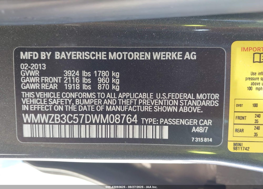 2013 MINI COUNTRYMAN VIN: WMWZB3C57DWM08764