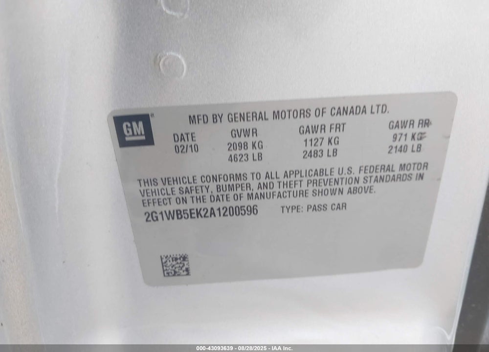 2010 CHEVROLET IMPALA VIN: 2G1WB5EK2A1200596
