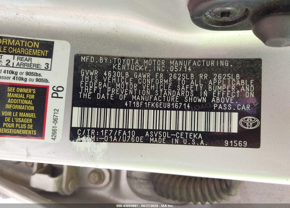 2014 TOYOTA CAMRY VIN: 4T1BF1FK6EU816714
