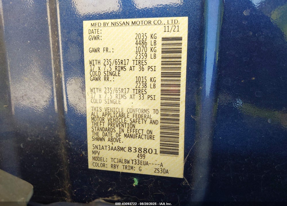 2021 NISSAN ROGUE S FWD VIN: 5N1AT3AA8MC838801