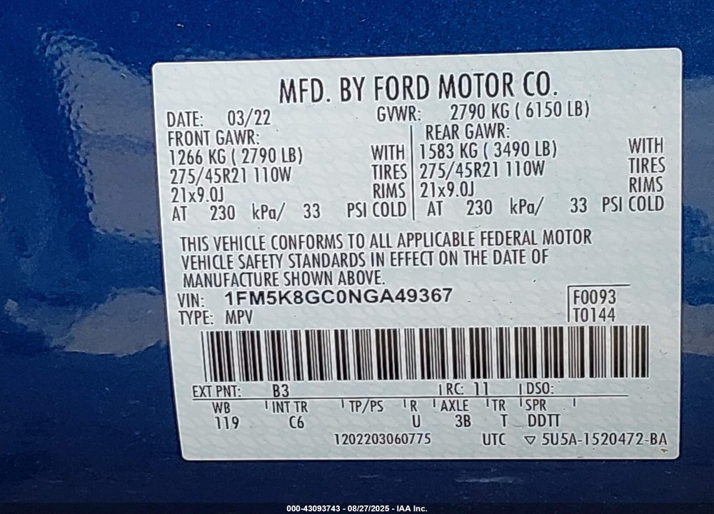 2022 FORD EXPLORER ST VIN: 1FM5K8GC0NGA49367