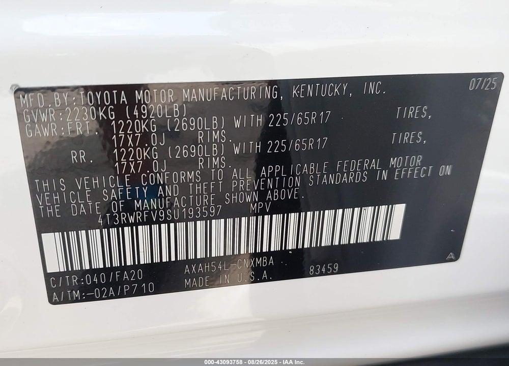 2025 TOYOTA RAV4 HYBRID VIN: 4T3RWRFV9SU193597