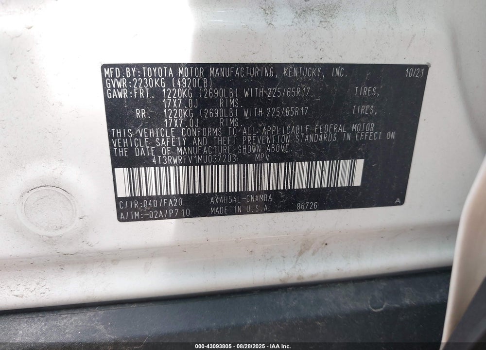 2021 TOYOTA RAV4 HYBRID VIN: 4T3RWRFV1MU037203