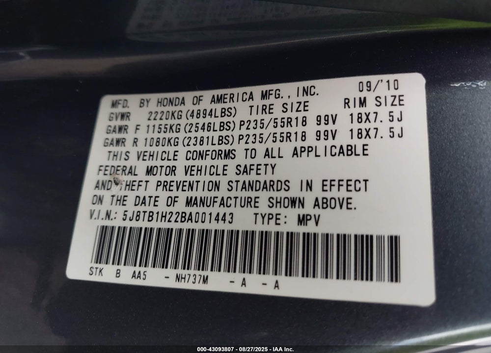2011 ACURA RDX VIN: 5J8TB1H22BA001443