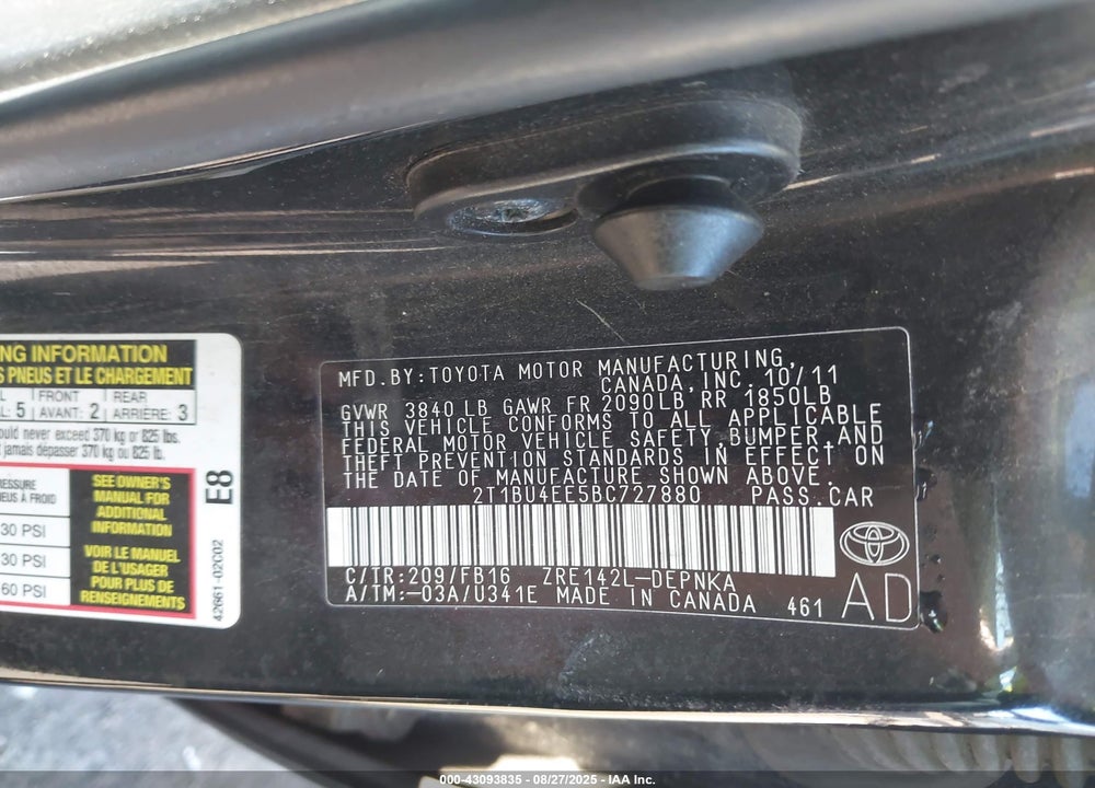 2011 TOYOTA COROLLA VIN: 2T1BU4EE5BC727880