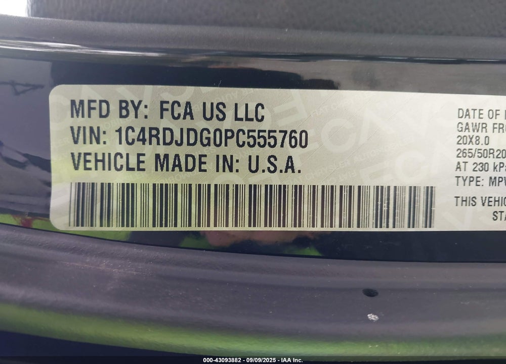 2023 DODGE DURANGO VIN: 1C4RDJDG0PC555760