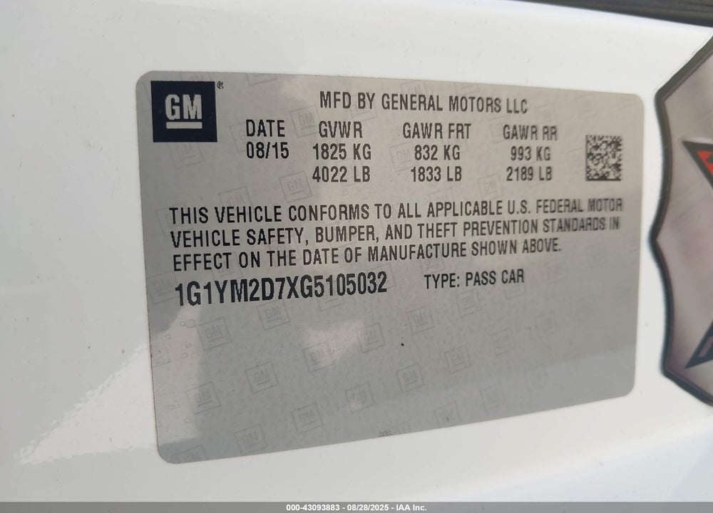 2016 CHEVROLET CORVETTE VIN: 1G1YM2D7XG5105032