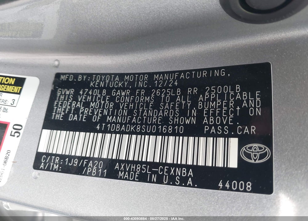 2025 TOYOTA CAMRY VIN: 4T1DBADK8SU016810