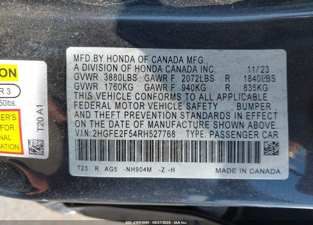 2024 HONDA CIVIC VIN: 2HGFE2F54RH527768