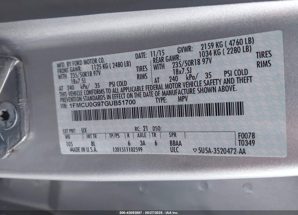 2016 FORD ESCAPE SE VIN: 1FMCU0G97GUB51700