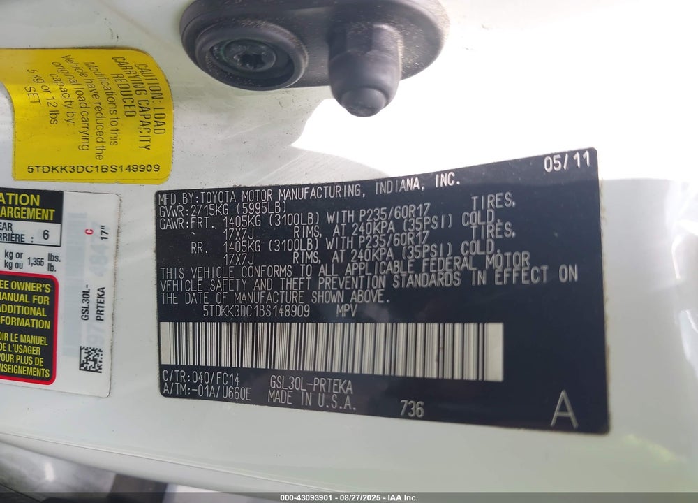 2011 TOYOTA SIENNA LE V6 VIN: 5TDKK3DC1BS148909