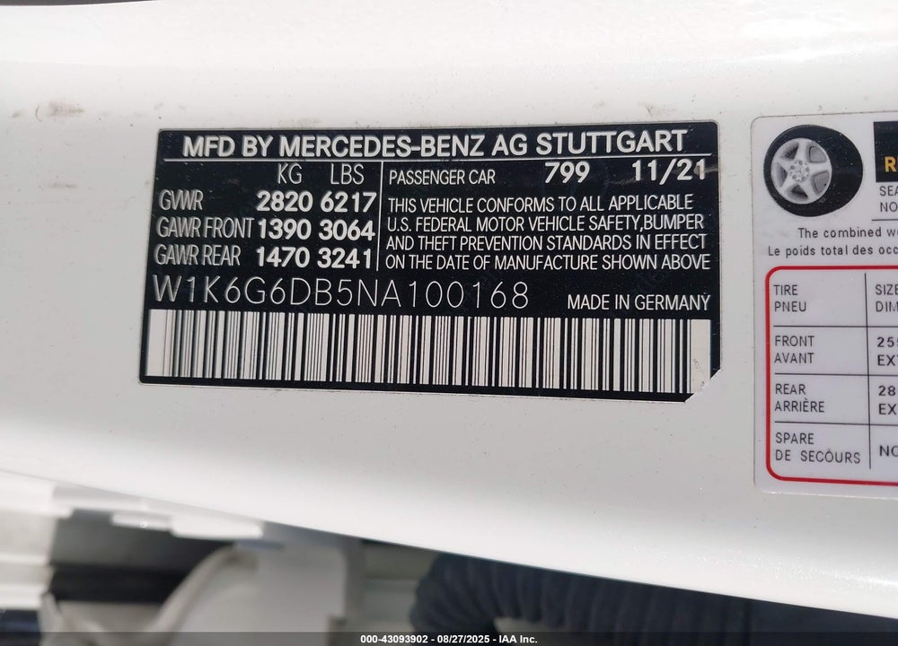 2022 MERCEDES-BENZ S CLASS VIN: W1K6G6DB5NA100168