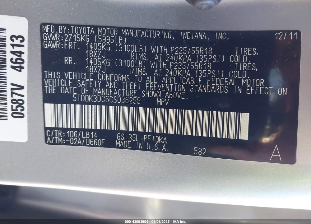 2012 TOYOTA SIENNA XLE 7 PASSENGER VIN: 5TDDK3DC6CS036259