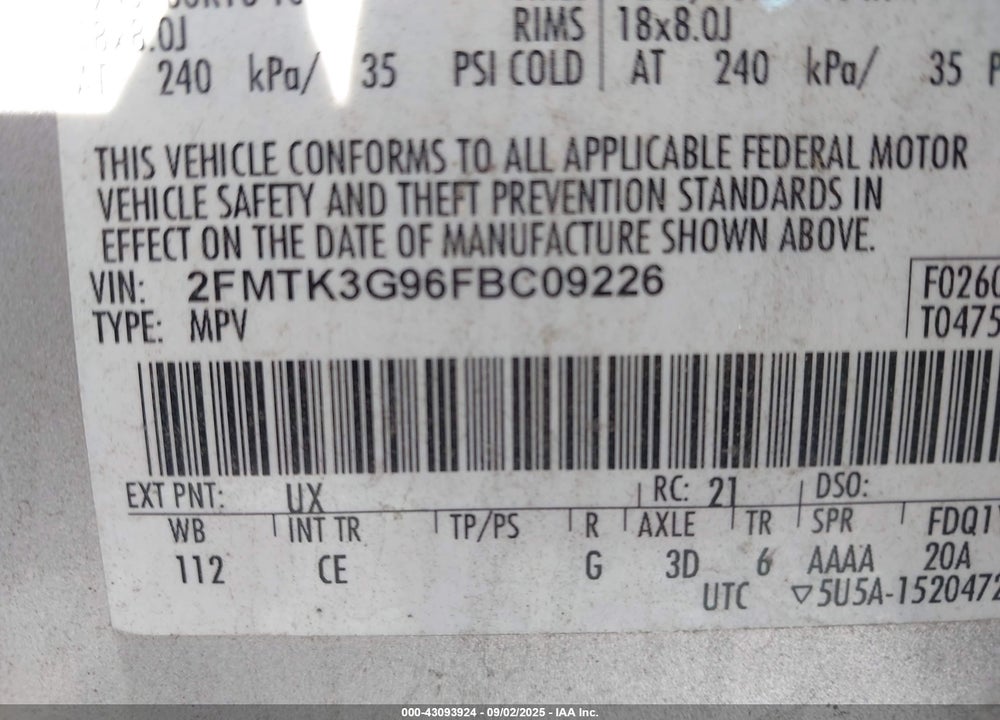 2015 FORD EDGE VIN: 2FMTK3G96FBC09226